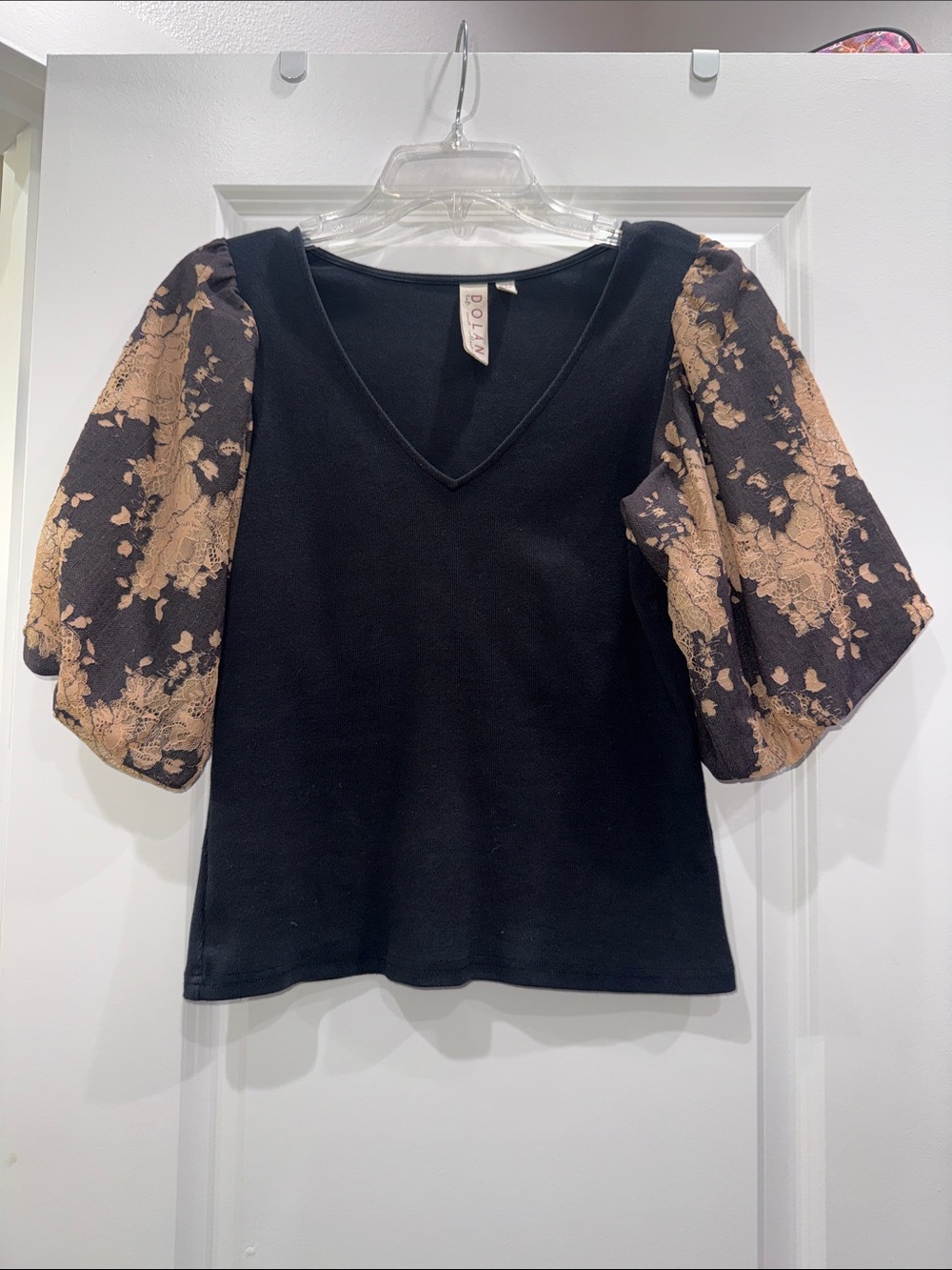 dolan Black V-Neck Top with Tan Floral Puff Sleeves